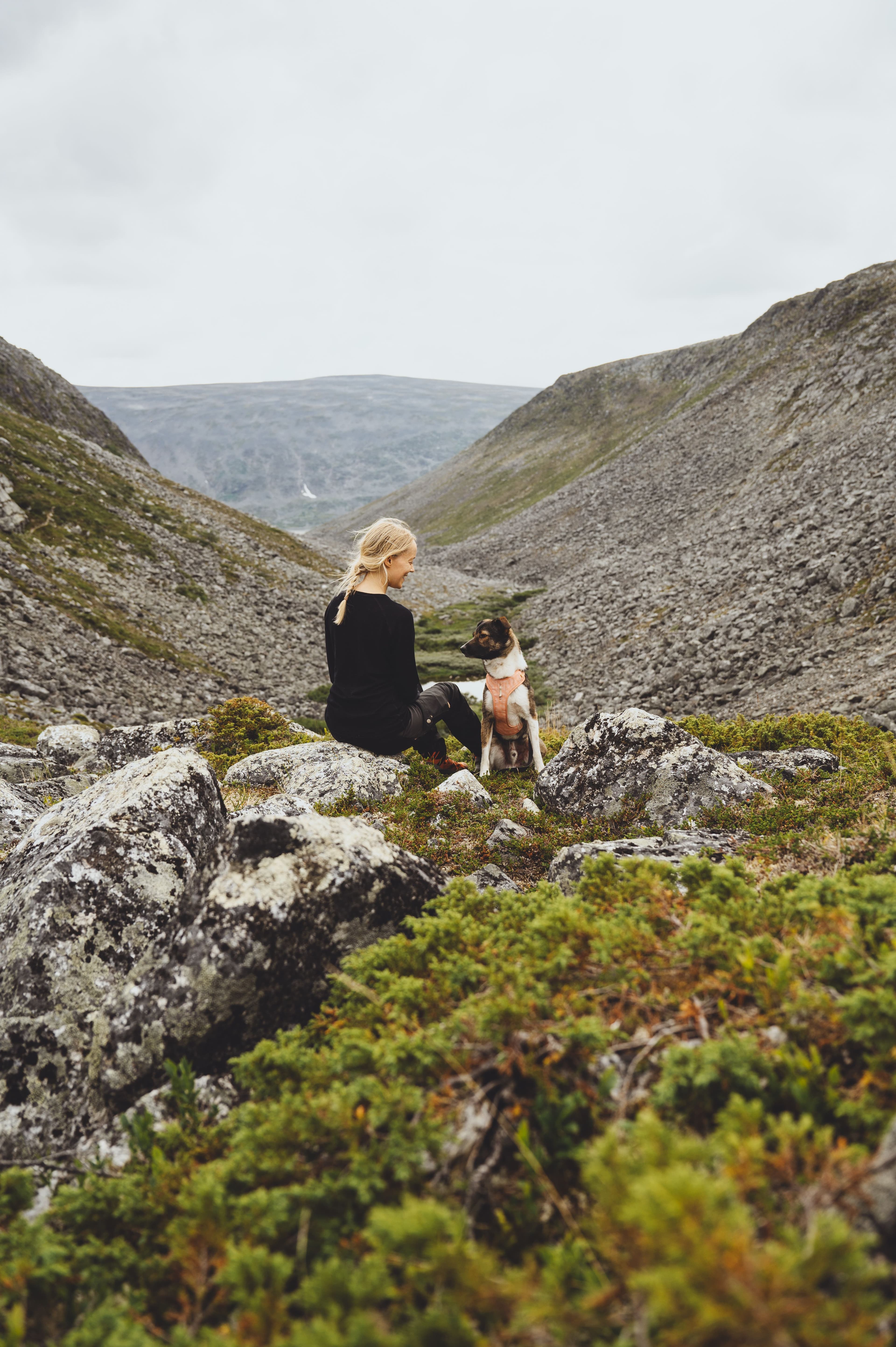 Nainen istuu kivikkoisella maalla koiransa kanssa, ympärillä vihreitä pensaita ja tuntureita Saariselällä pilvisen taivaan alla.